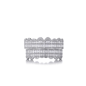 Silver hip hop teeth grills set with full pave cubic zirconia stones on white background