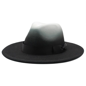 Black to white gradient wool felt jazz hat with wide brim and black ribbon decoration