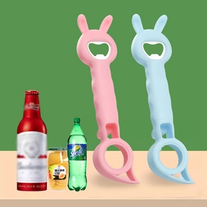 Multi-purpose rabbit shape 4-in-1 bottle and can opener in pink and blue colors