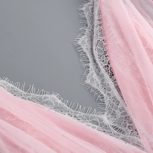 Detailed view of the pink lace V-neckline with delicate mesh texture and fine stitching