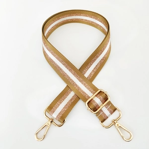 Detail of adjustable nylon strap with gold stripes and metallic lobster clasps