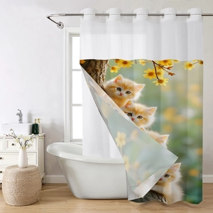 Detail view of double-layer waterproof waffle shower curtain with cute orange cat print