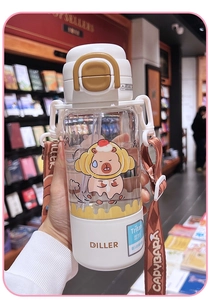 Close-up of clear Tritan water bottle with Capybara illustration and adjustable strap