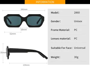 Detailed measurement guide for PC frame sunglasses showing dimensions and model number