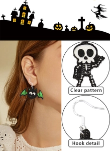 Detail of Halloween bat and skull earrings with S925 silver hooks on model