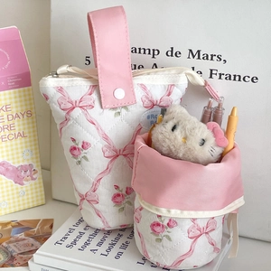 Schattige Gevoerde Katoenen Etui Strik Bloemenprint Draagbare Staande Pennenhouder Voor Studenten School Kantoor Bureau Stationery Organizer Tas