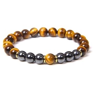 Macro detail of 8mm natural tiger eye stone beads with hematite and gold spacers