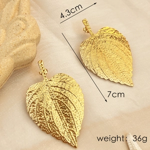 18K gold plated stainless steel leaf earrings with natural bionic texture and 7cm length