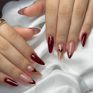 Press On Nails French Style Long Almond Shape Red Pink With Gold Heart Star Pattern Nail File And Adhesive Tabs