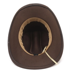 Detail view of the brown cowboy hat interior with sweatband and adjustable drawstring
