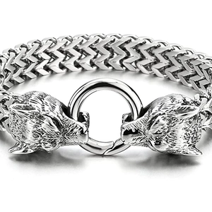 Close-up of vintage wolf head clasp and Franco link chain on stainless steel bracelet