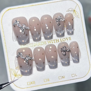 Handmade Cat Eye Butterfly Press On Nails French Grey Purple Gradient 3D Rhinestone Bow ABS Artificial Nails For Women