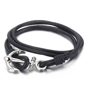 Multilayer black leather wrap bracelet featuring a silver stainless steel anchor clasp