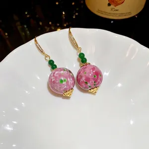 New Chinese vintage pink and green ceramic earrings with gold plated zircon hooks