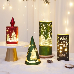 Festive Christmas LED lantern set with hollow reindeer and snowflake metal patterns