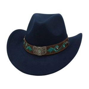 Classic navy blue western cowboy hat with decorative leather band and silver butterfly buckle