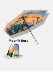Mini folding umbrella with moonlit rose illustration and matching storage pouch