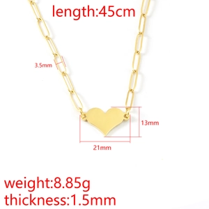 Golden heart pendant necklace with paperclip chain and detailed size measurements