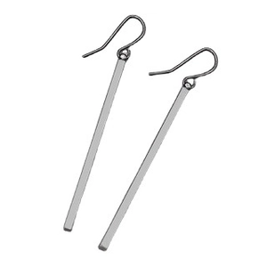 Minimalist long bar dangle earrings in silver finish with a sleek geometric drop design