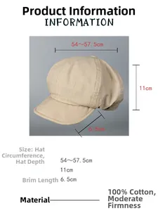 Tableau des tailles pour casquette en coton beige avec mesures de bord et circonférence