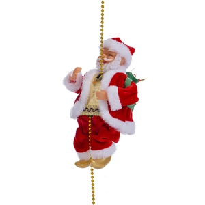 Detailed view of musical electric climbing Santa Claus doll on golden bead chain decoration