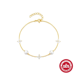 925 Sterling Silver Bracelet For Women With White Artificial Pearl And Zirconia Four Leaf Clover Flower Charms Gold Plated Jewelry
