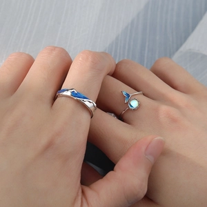 S925 sterling silver couple rings with blue enamel waves and whale tail stones
