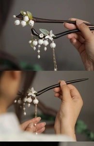 Détail de l'épingle à cheveux muguet avec perles blanches et longs glands en métal