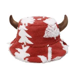 Plush Christmas tree bucket hat with festive red and white wool and cute brown horns