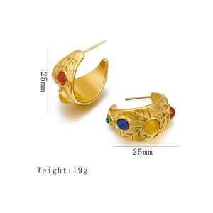 Vintage gold stainless steel earrings with colorful stones and 25mm diameter