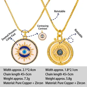 Golden Evil Eye necklace pendants with blue enamel and zircon inlay on box chains