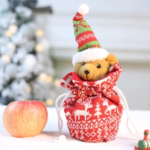 Christmas knitted drawstring gift bag with plush bear mascot and red apple decor