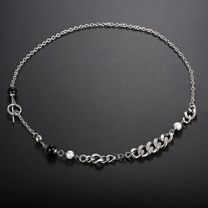 Japanese OT buckle necklace with crystal chain and pearls on black background