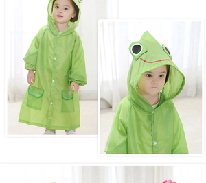 Detail view of a green frog-themed kids raincoat with white buttons and cute hood