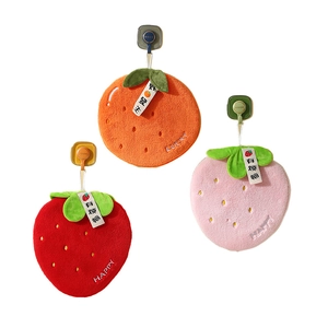 Three-piece coral fleece hand towel set with fruit shapes and hanging suction hooks