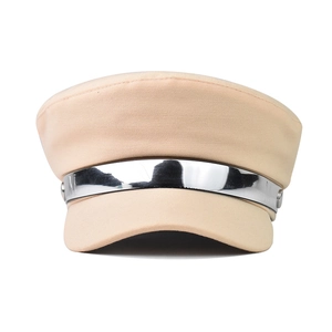Detail showing high-quality beige twill fabric and reflective silver metal trim on hat