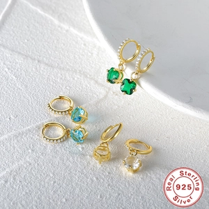 S925 sterling silver hoop earrings with square-cut green, blue, and clear zircon stones