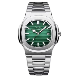 Men's green dial stainless steel watch with octagonal bezel and luminous bar indexes