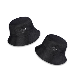 Simple black cotton bucket hat with cute white cartoon heart embroidery on white background