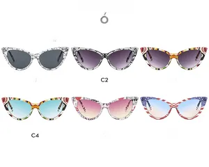 Cat eye sunglasses detail showing six stylish frames including American flag and lace patterns