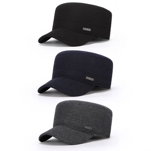 Flat top military caps for elderly men in black, navy, and grey with metal logo