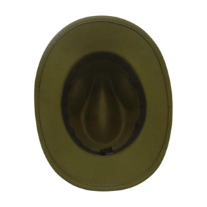Detailed interior view of olive green wool fedora with sweatband and stitching details