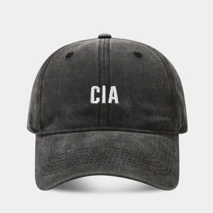 Classic dark grey washed cotton baseball cap with white CIA letter embroidery