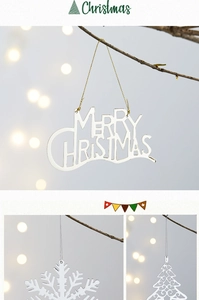 Macro shot of silver Merry Christmas ornaments and snowflakes with hanging strings