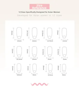 Detailed size chart for rainbow ombre press-on nails showing 12 different dimensions