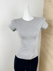 Detail of grey modal T-shirt showing ribbed texture and slim fit hourglass cut