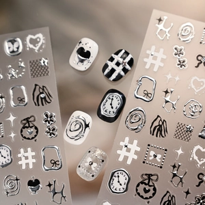 Minimalist silver embossed nail art stickers with clock heart and star patterns