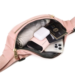 Pink PU laser sports waist bag for men and women featuring multiple zipper compartments