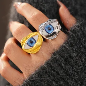 Evil Eye Ring Irregular Molten Metal Resin Blue Eye Pupil Retro Punk Adjustable Open Band Jewelry For Women Girls