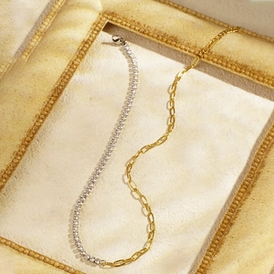 Asymmetric Stitching Necklace Stainless Steel Rhinestone Tennis Chain Gold Paperclip Link Trendy Jewelry For Women Chic